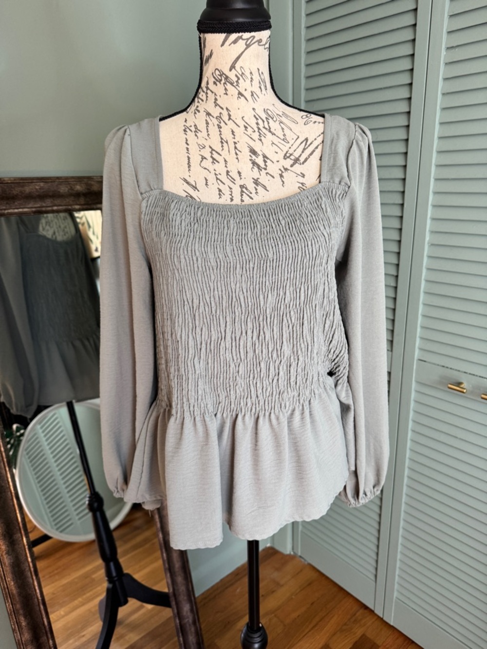 Misia Light Gray Smocked Square-Neck Peplum Tunic